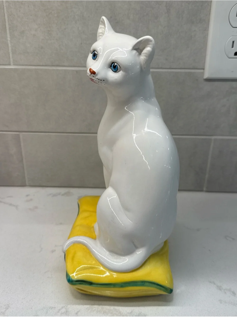 Vintage MCM White Ceramic Cat Figurine on Yellow Pillow - Decorative Pet Accent